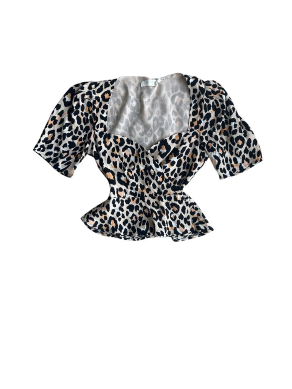 ASTR The Label Leopard Puff Sleeve Peplum Wrap Blouse Cotton XS Animal Print